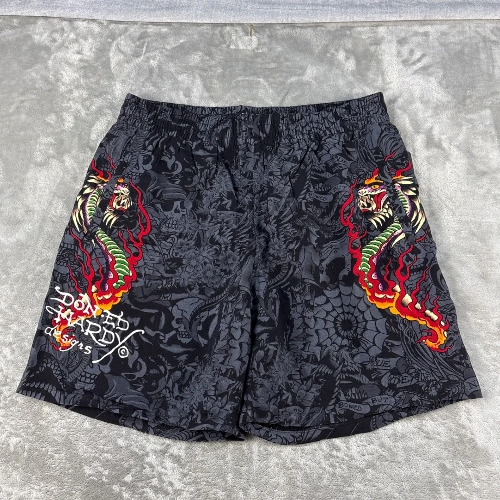 Ed Hardy Board Shorts Mens Medium Tattoo Print Black Multi Graphic NEW
